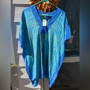 NWT Coldwater Creek Turquoise & Royal Blue Patterned V-Neck Tunic